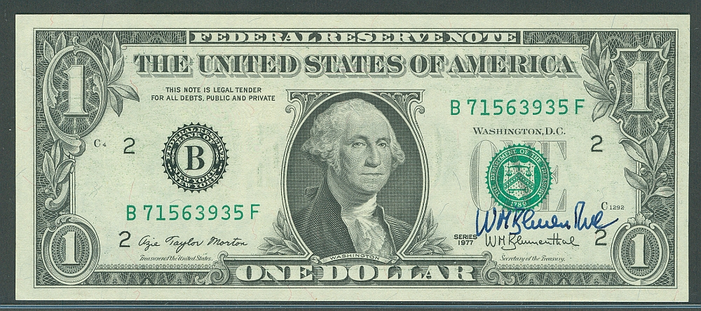 Fr.1909-B, 1977 $1 New York FRN, Treasury Secretary Blumenthal Autograph, B17563935F, ChCU